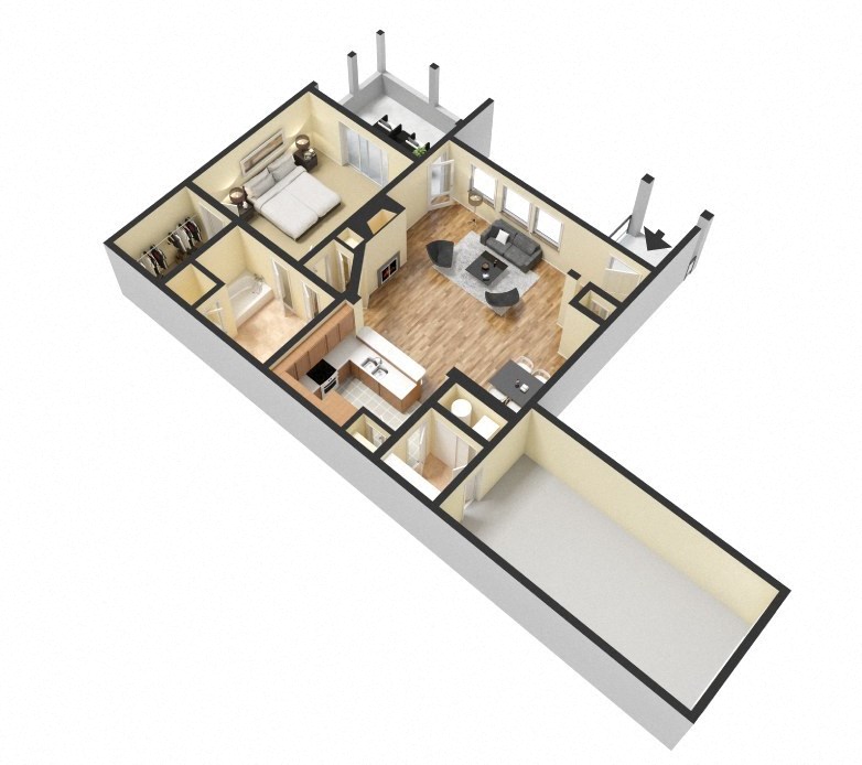 Floor plan for 1 bed, 1 bath, 1056 sqft